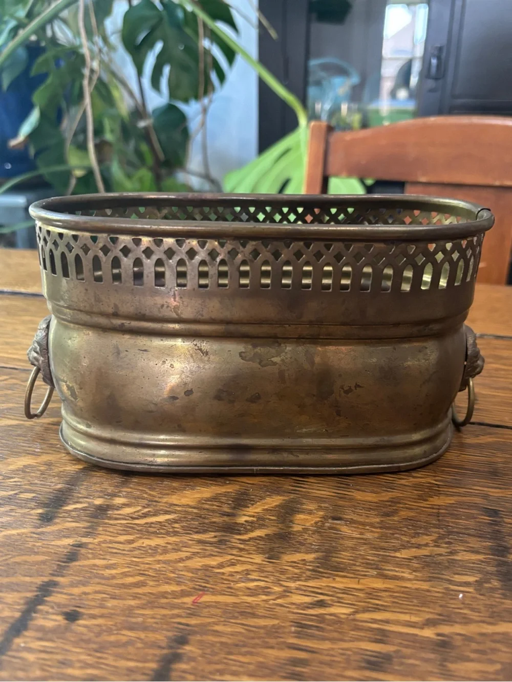 Vintage Solid Brass Oval Planter Cachepot Lion Head Ring Handles Pierced Rim